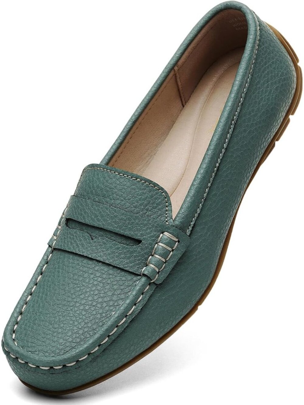 Women's Green Comfortable Leather Casual Lightweight Loafers & Slip-Ons Shoes